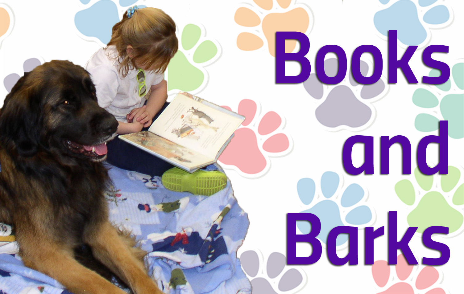 "Books and Barks" graphic with a child reading to a therapy dog
