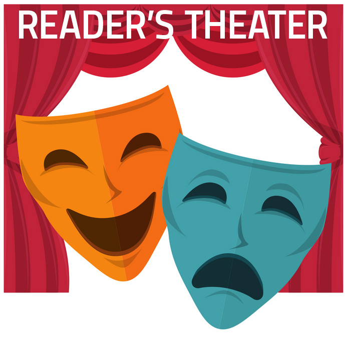 Reader's Theater graphic with the tragedy and comedy face masks