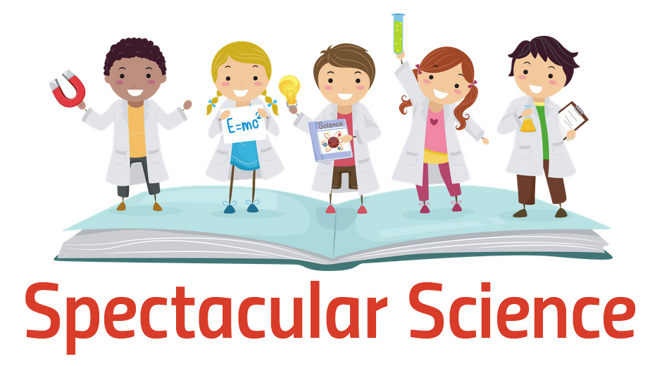 Spectacular Science graphic with five cartoon children in lab coats