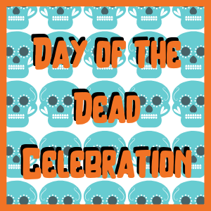 "day of the dead" written in orange text with blue sugar skull background