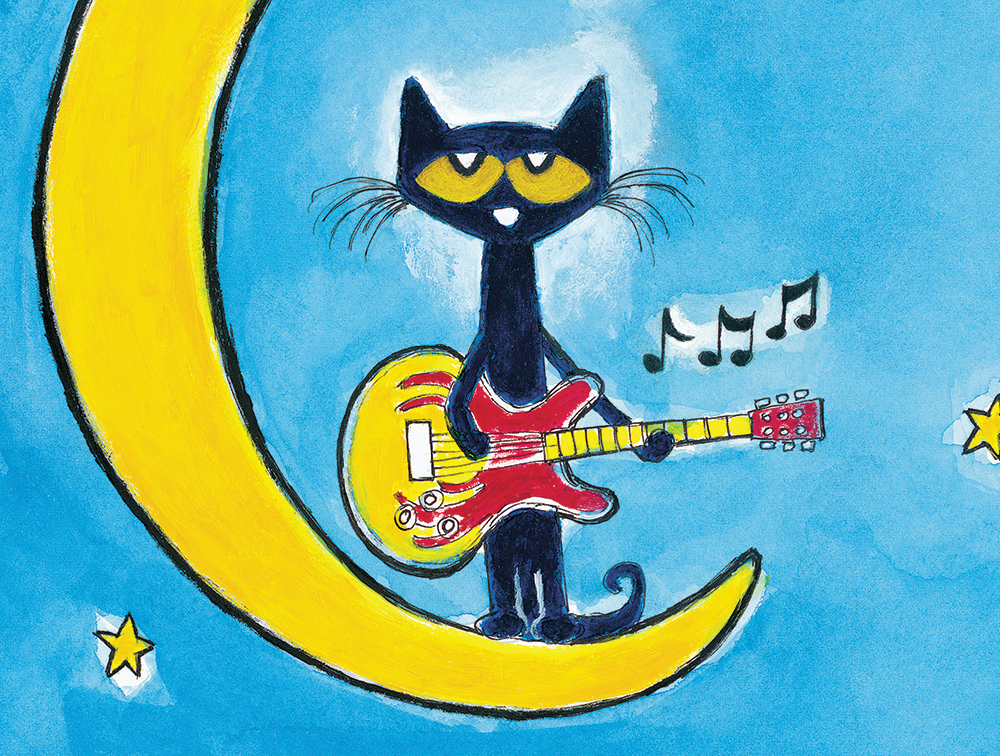 Pete the cat standing on the moon playing guitar