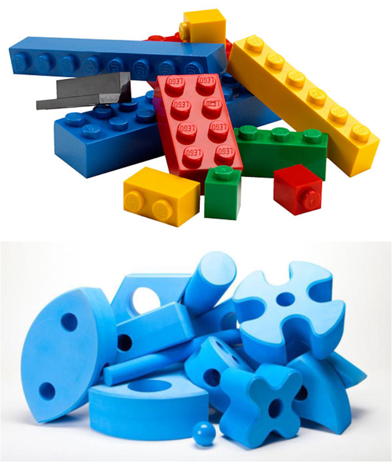 pile lego bricks and big blue blocks