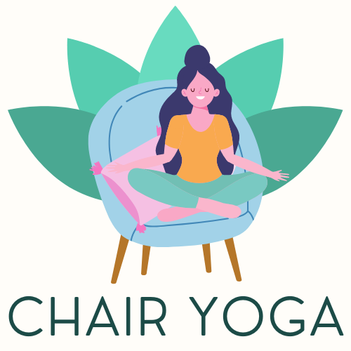 chair yoga logo; a woman sits cross legged on a chair with a lotus flower behind her