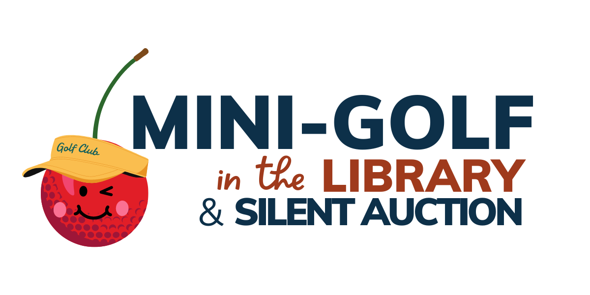 cherry wearing golf visor with words "mini golf in the library & silent auction