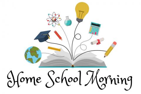 Home School Morning graphic with an open book and multiple icons 