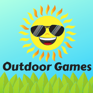 sun wearing sunglasses with grass and text "outdoor games"