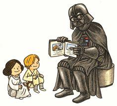 cartoon darth vader reading a book to luke and leia