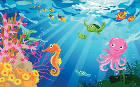 Underwater ocean illustration with seahorse, turtles, octopus, and fish