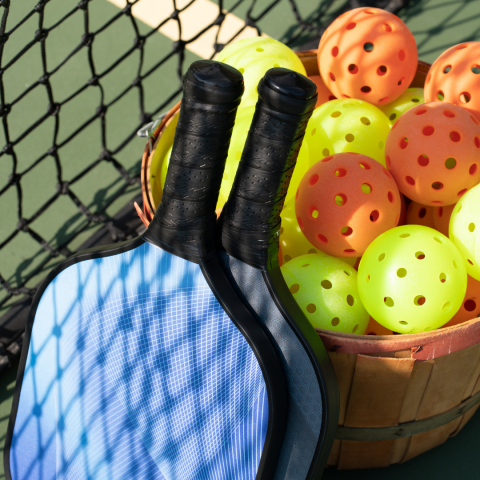 pickleball paddles, balls, and net on a court