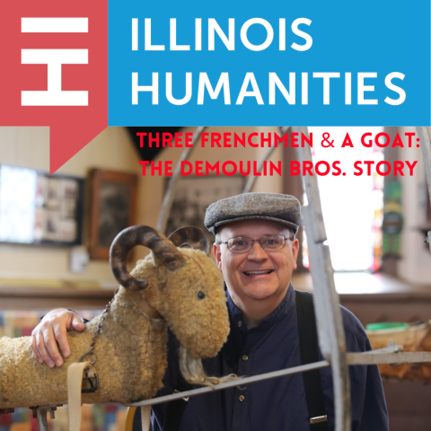 John Goldsmith with goat plush and illinois humanities logo