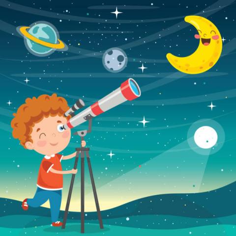 Young boy looing through a telescope