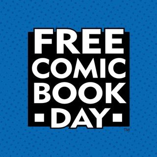 blue black and white free comic book day logo